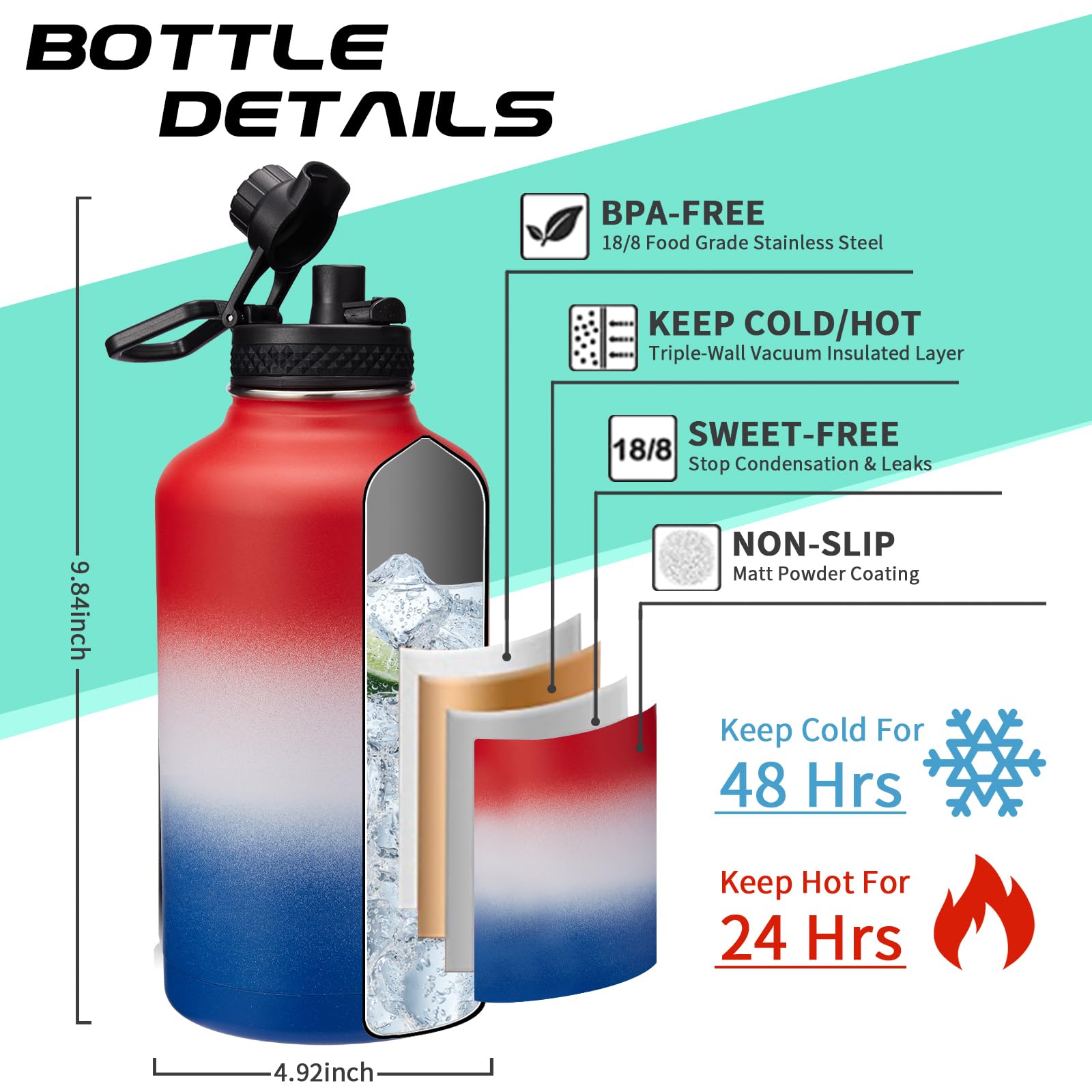 Half-Gallon Vacuum Water-Bottle with Sleeve  Paracord Handle  Straw & Spout Lid  64oz Stainless Steel Insulated Water Jug  Cold-48h & Hot-24h Double-Wall Metal Vacuum Flasks for Sports Hiking Camping